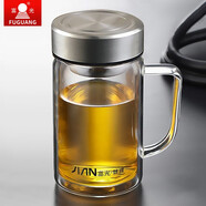 富光 雙層玻璃杯男女士大容量辦公杯帶把手帶濾網(wǎng)泡茶杯 隔熱防燙水杯 380ml鋼本色