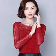 FZMF春秋薄款圓領(lǐng)蕾絲打底衫女新款長(cháng)袖網(wǎng)紗上衣加絨媽ma裝T恤 紅色 (春夏薄款) 2XL 【115-135斤】