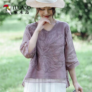 啄木鳥(niǎo)2025夏季新款V領(lǐng)雙層重工刺繡棉麻襯衫女拼接歐根紗小衫上衣寬松 紫色 XL 110-125斤