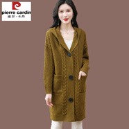 皮爾卡丹（pierre cardin）中長(cháng)款羊毛針織開(kāi)衫女春秋裝外搭新款連帽粗線(xiàn)毛衣外套碼大羊絨衣 秋香黃 M