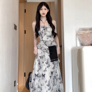 希蘇隆松本喪喪小眾碎花吊帶蝴蝶裙荷葉邊不規(guī)則設(shè)計(jì)感收腰顯瘦連衣裙子 白底黑花連衣裙 【單件/不露腿款】 L 【建議11513斤】
