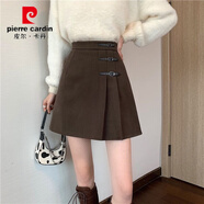 皮爾卡丹毛呢百褶裙春秋黑色半身裙女2025年韓版高腰顯瘦百搭a字包臀短裙 咖啡色【內帶安全褲】 M 建議【95-105斤】
