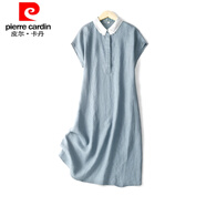皮爾卡丹（pierre cardin）亞麻連衣裙女寬松韓版高端薄款夏季文藝棉麻短袖顯瘦娃娃領(lǐng)中長(zhǎng)裙 藍(lán)色 2XL 【150-175斤】