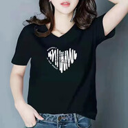 珞妮短袖t恤女顯瘦女裝上衣春夏季新款韓版V領(lǐng)半袖休閑體桖衫 黑色線(xiàn)條愛(ài)心 2XL 建議125-135斤