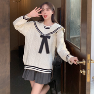 含今  蝴蝶結毛衣女秋冬加厚麻花寬松外穿設計感小眾中長款海軍領毛衣 米白色（80-130斤）