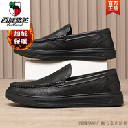 西域駱駝休閑商務(wù)軟皮鞋男鞋加絨駕車皮鞋一腳蹬套腳中老年爸爸父親鞋 黑色加絨保暖款 源頭廠家-駱駝官 40 頭層牛皮假一罰十
