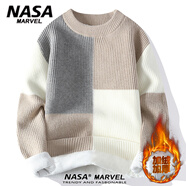 NASA MARVEL撞色拼接毛衣男冬季新款韓版潮流休閑百搭寬松針織衫 6302卡其色（加絨） 2XL （約135-150斤可穿）