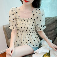 素優(yōu)米法式方領(lǐng)短袖襯衫女夏季獨(dú)特別致收腰小衫泡泡袖短款波點(diǎn)雪紡上衣 杏色波點(diǎn) S 90-100斤