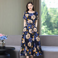 索宛亦（SUOWANYI）連衣裙夏裝中老女中長(cháng)款中年裝短袖大媽碎花裙子 藍底小碎花 XL 建議105斤以下穿