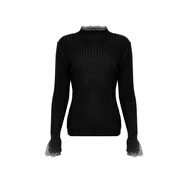 兩三事梵高文藝 青衫 蕾絲拼接半高領(lǐng)打底衫女春季復古修身內搭針織衫 黑色 均碼 F