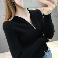 攜爾曼（XIEERMAN）早秋針織開衫女2021新款短款毛衣網(wǎng)紅連帽修身拉鏈小外套薄款上 黑色 M 建議95-105斤