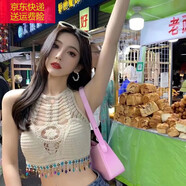 寶格妍波西米亞民族風(fēng)針織流蘇美背上衣系帶露背抹胸流蘇掛脖吊帶背心女 杏色 均碼 120斤以內(nèi)