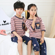 糊圖狗（HUTUGOU） 童裝兒童睡衣中小學夏季純棉套裝男童家居服七分中袖薄款中大童 JT睡衣空調(diào)服/紫粉條紋 170