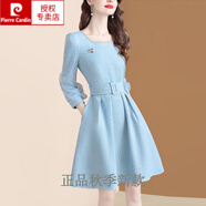 皮爾卡丹（pierre cardin）長袖小香風(fēng)連衣裙女秋季2025年新款時尚粗花呢方領(lǐng)顯瘦小個子中裙 藍(lán)色 S