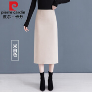 皮爾卡丹高檔品牌女裝毛呢半身裙女秋冬新款感中長款高腰開叉加厚直筒包臀一步裙女顯瘦針織 米白色 L