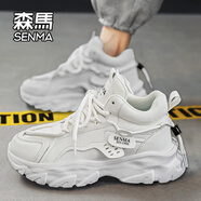 森馬（senma）男鞋秋季新款加絨高幫皮面休閑棉鞋百搭運(yùn)動(dòng)鞋男厚底增高老爹鞋男 白色 42