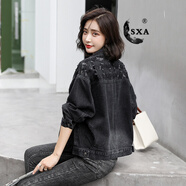 SXA香港潮牌長(cháng)袖亮片刺繡牛仔外套女秋冬新款百搭小個(gè)子牛仔夾克 黑色 M