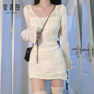 蒙森圖（MENGSENTU）名媛氣質(zhì)女裝高檔輕奢秋天連衣裙法式鏤空針織洋裝子春秋女2025新 米白色兩件套[絕美奶fufu/茶歇法式/森女超仙森 S 40/45kg