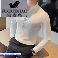 富貴鳥(niǎo)（FUGUINIAO）中式立領(lǐng)襯衫男長(zhǎng)袖感2024新款修身商務(wù)休閑正裝痞帥白色襯衣針織 白色 M (95-110斤)