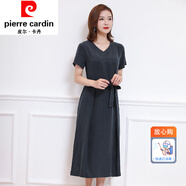 皮爾卡丹（pierre cardin）女裝銅氨絲V領(lǐng)連衣裙寬松收腰遮肚子真絲純色氣質(zhì)短袖長裙夏 皮爾卡丹-藏青色 皮爾卡丹-M