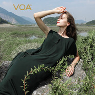 VOA雙層喬其圓領(lǐng)飛飛袖黃線(xiàn)對絲工藝開(kāi)叉下擺柔順淑女真絲連衣裙 AE1022 浣溪紗-墨綠（G95） XL