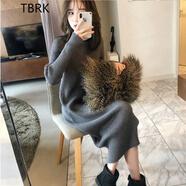 TBRK品牌半高領(lǐng)中長款毛衣裙秋冬新款純色百搭過膝修身打底彈力針織裙 半高領(lǐng)深灰色 L 105-115斤