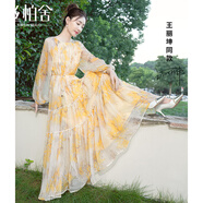 絲柏舍【明星同款】法式碎花連衣裙2025春新款女裝度假風(fēng)顯瘦雪紡長裙 黃色花 2XL