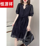 恒源祥法式V領(lǐng)黑色收腰顯瘦泡泡袖氣質(zhì)薄款連衣裙女歐洲站夏季 黑色 2XL