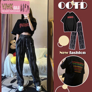 VJWK爵士舞服裝女夏季可鹽可甜鹽酷女孩穿搭網(wǎng)紅炸街時(shí)尚洋氣短袖T恤 套裝【上衣+長褲】 XL 140-160斤