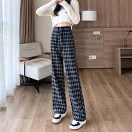 朵世界 加絨毛呢闊腿褲女秋冬高腰加厚垂感寬松咖色格子休閑拖地直筒褲 黑格加厚單款 M