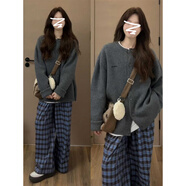 趣米樂(lè )復古圓領(lǐng)針織衫女秋冬韓系慵懶風(fēng)毛衣開(kāi)衫寬松顯瘦小個(gè)子上衣外套 灰色 XL 【建議120-140斤】