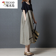 啄木鳥(niǎo)2025夏韓版寬松撞色棉麻中長(zhǎng)裙子女文藝范短袖亞麻大擺連衣裙 咖色 L 【120-135斤】