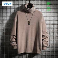 UYUK胖子日系刺繡高領(lǐng)長袖打底衫男大碼寬松韓版潮流痞帥百搭休閑衛(wèi)衣 咖啡色 5XL 210-230斤可選