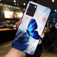 夢逸軒適用OPPO Reno7 5G玻璃殼PFJM10手機殼REN07軟磨砂邊防滑套男女鋼化硬保護外  藍蝴蝶【配高清貼膜】MX