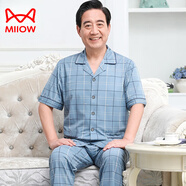 貓人（MiiOW）中老年睡衣男夏季薄款純·棉短袖中年男士睡衣夏爸爸大碼家居服套 639-2藍(lán)色 XL(建議125-150斤)