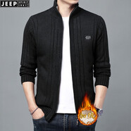 JEEP SPIRIT針織衫男秋冬款加絨加厚長(zhǎng)袖開衫外套休閑毛衣大碼毛線衣男裝冬 花黑 2XL