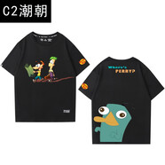 C2潮朝飛哥與小佛密探阿泰動(dòng)漫周邊T恤鴨嘴獸泰瑞男女夏季純棉短袖寬松 黑1 S