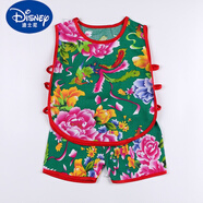 迪士尼（DISNEY）夏季棉綢兒童睡衣嬰兒背心男童馬甲兒童琵琶服短褲兩件套裝家居服 綠色 牡丹琵琶套 120 cm