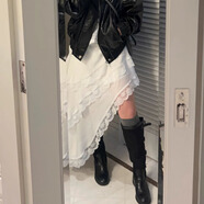 YAWULFE春蕾絲邊多層復古甜美不規則松緊腰小眾設計感百搭黑白半身裙 白色半身裙 S