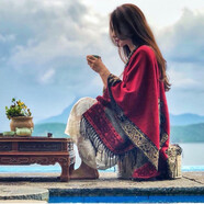 朗琦威尊民族風(fēng)空調(diào)房披肩女加厚圍巾西藏旅游斗篷式披肩兩用外搭潮外搭 腰果花紅色 60-80cm