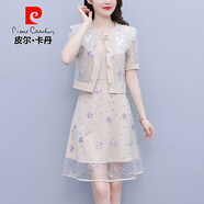 皮爾卡丹2025夏季新款時尚馬甲外套洋氣顯瘦刺繡網(wǎng)紗連衣裙兩件套套裝針織 杏色 XL 建議110-125斤