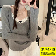 韞舜打底衫女 德絨修身秋冬蕾絲純欲拼接打底衫可外穿T恤女上衣ins風(fēng) 蕾絲純欲拼接打底衫【灰色】 L 【建議100-115斤】