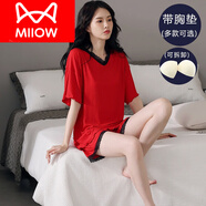 貓人（MiiOW）感莫代爾冰絲睡衣女夏季短袖2025新款可外穿帶胸墊家居服套裝 Q0529短袖短褲(紅色帶胸墊) L