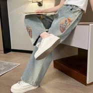 卡瓦拉童裝女童褲子中大兒童牛仔褲春秋長褲中國風(fēng)小女孩寶寶闊腿休閑褲 HD652 130（建議身高125CM左右）