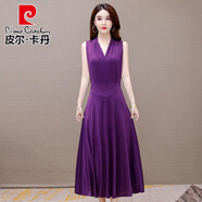 皮爾卡丹（pierre cardin）牛奶絲連衣裙女夏2025年氣質(zhì)中年時尚無袖長裙碎花吊帶大擺裙 紫色 L (95-115斤)