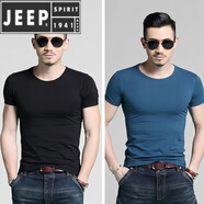 JEEP SPIRIT/吉普2件】夏季短袖男士T恤緊身修身半袖男生上衣服韓版潮流體恤 短 袖圓領(lǐng)黑色+圓領(lǐng)湖藍(lán) 165/S