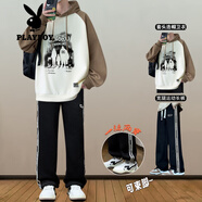 花花公子（PLAYBOY）套裝青少年衛衣寬腿褲2024秋冬初高中生帥氣男孩加絨加厚長(cháng)袖衣服 兩件套【6602衛衣米咖+寬腿褲】 S