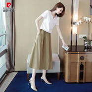 皮爾卡丹（pierre cardin）小香風(fēng)裙子兩件套上衣休閑收腰簡(jiǎn)約棉麻半身裙時(shí)尚大碼夏季套裝女 卡其色【優(yōu)雅兩件套】 L (建議100-115斤)