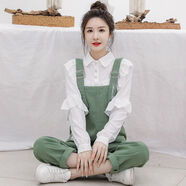 蘭威費雷綠色牛仔背帶褲女春秋款韓版闊腿工裝長(cháng)褲套裝休閑潮 綠色背帶褲 單件 S （85-100斤）