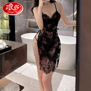 浪莎（LangSha）輕奢高檔日系性感內(nèi)衣女蕾絲純欲情趣床上透明吊帶裙大碼睡衣免脫 性感黑睡裙【含T 褲】 L (160) 大碼(120-150斤)